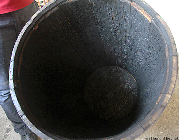 Inside charred oak barrel Amrut distillary