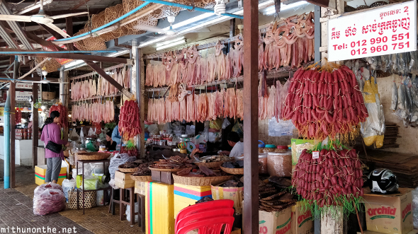 Drying meat Siem Reap market Cambodia