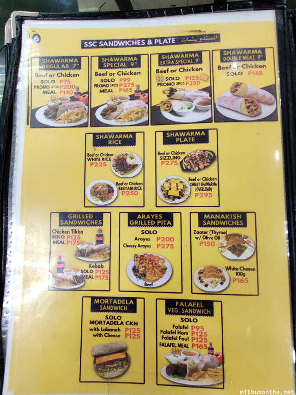 SSC shawarma Arabian food menu Ermita Manila