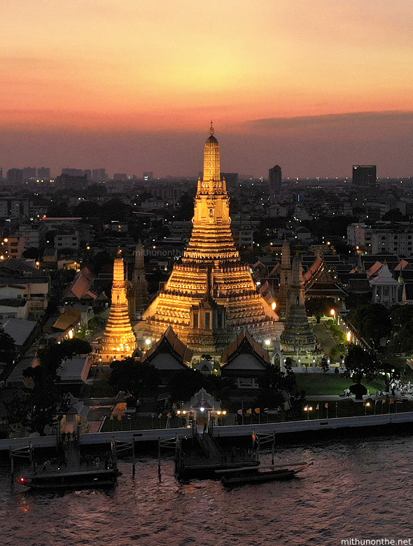 Wat Arun sunset drone shot